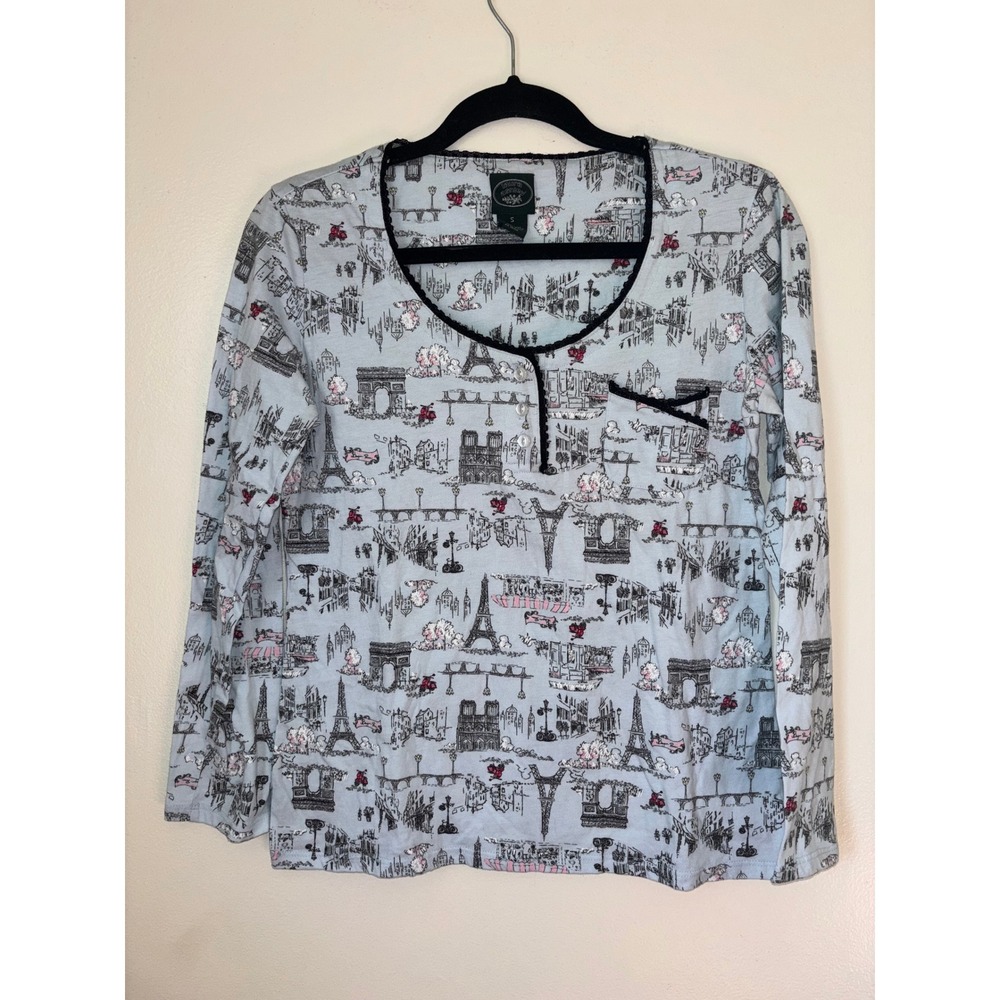 Vtg Laura Ashley Pajama Top Women Sz S Light Blue Paris‎ Print Henley Loungewear